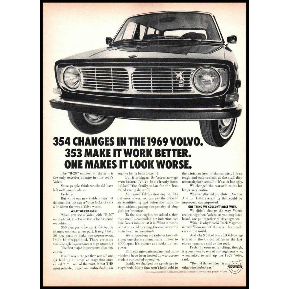 1969 Volvo B-20 Sedan Vintage Print Ad Sweden Swedish Classic Car Wall Art Photo